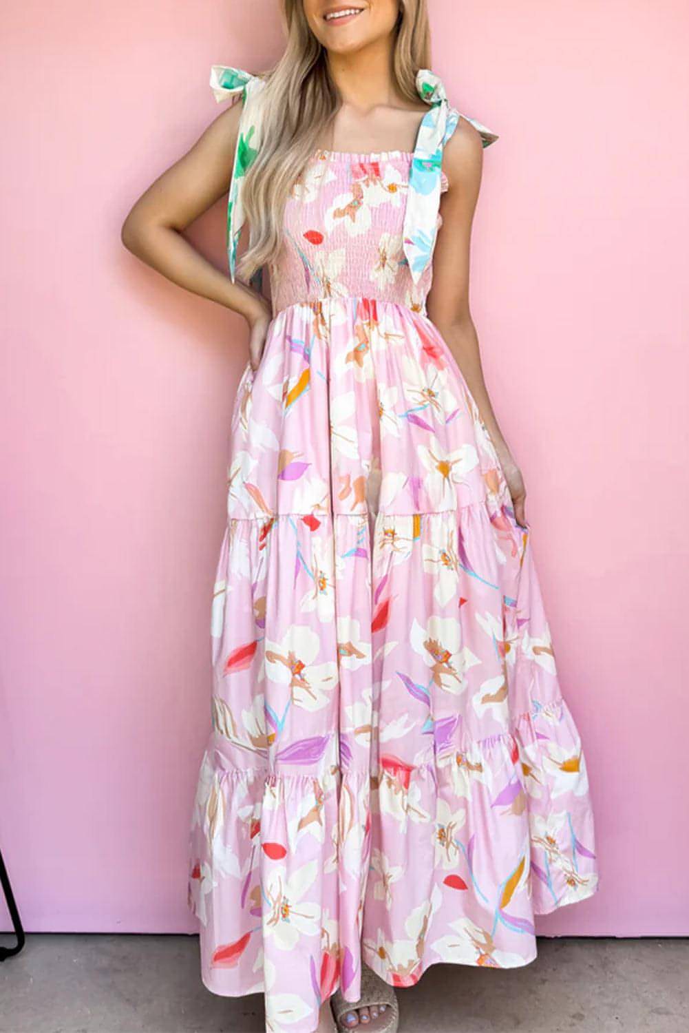 Rosa Floral Print Knotted Shoulder Smocked Maxi Dress