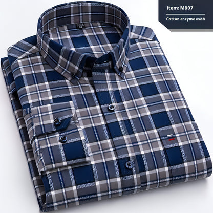 Cotton Long-sleeved DressShirt Plaid Business Slim Fit