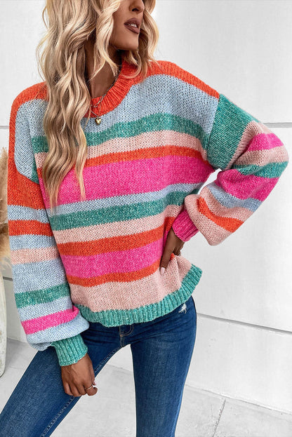 Pull à manches bouffantes et épaules tombantes en tricot à rayures multicolores