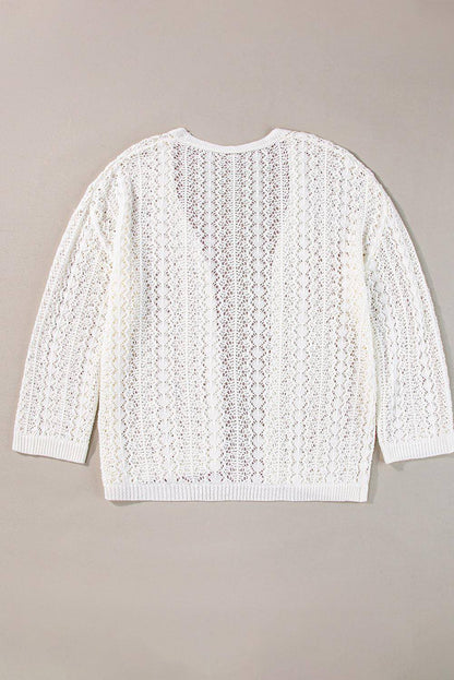 Hvit Stilig Hollow Out Knit Drop Shoulder Cardigan