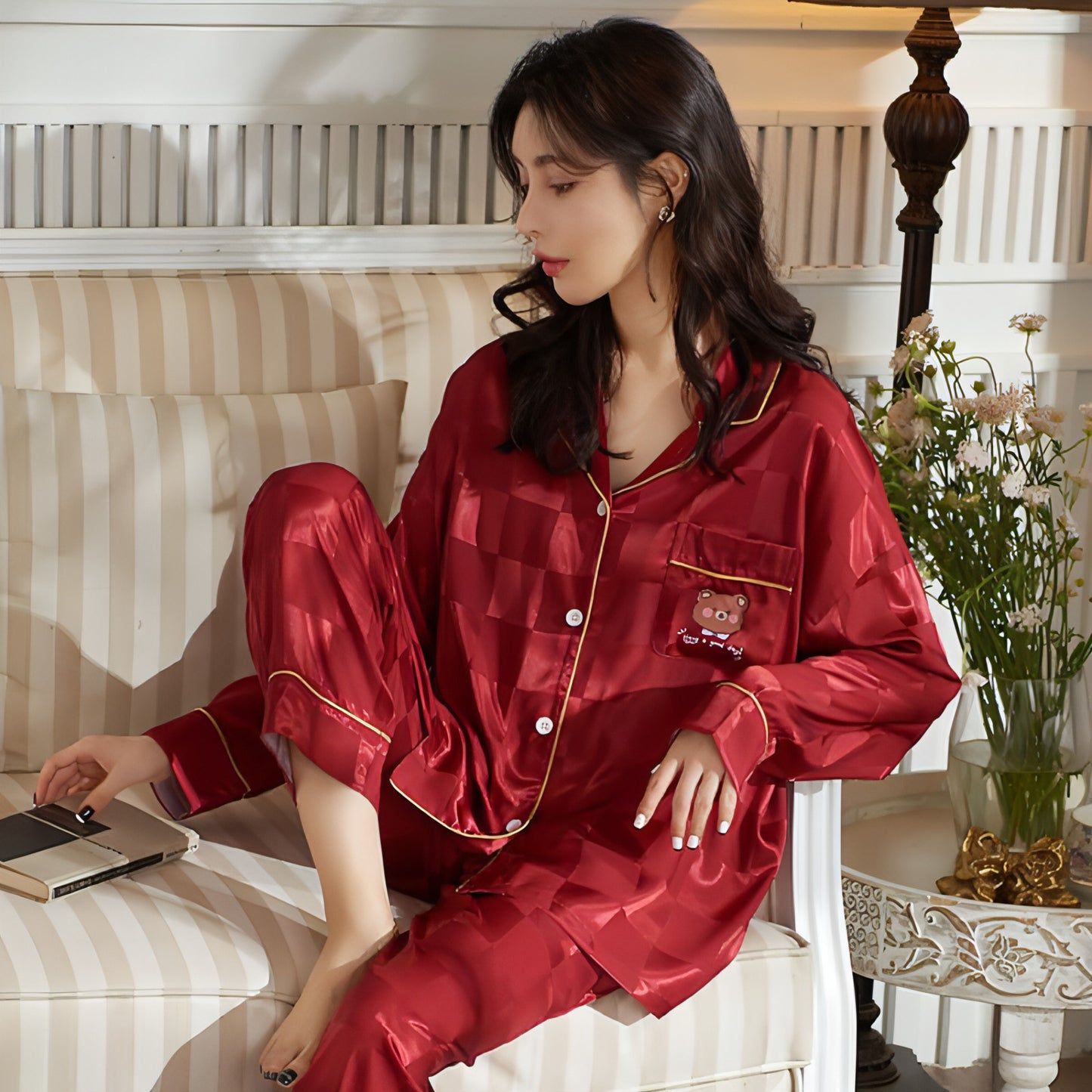 Women's Long-sleeved Ice Silk Thin Homewear Pajamas