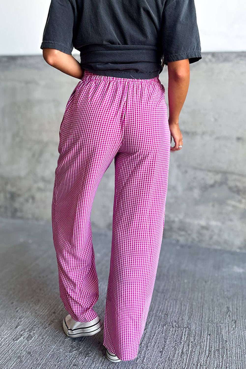 Pink Plaid Print Drawess High Taille Wide Bein Casual Hosen