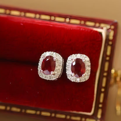 Real Gold Natural Ruby Diamond Stud Earrings Pigeon Blood Red Color