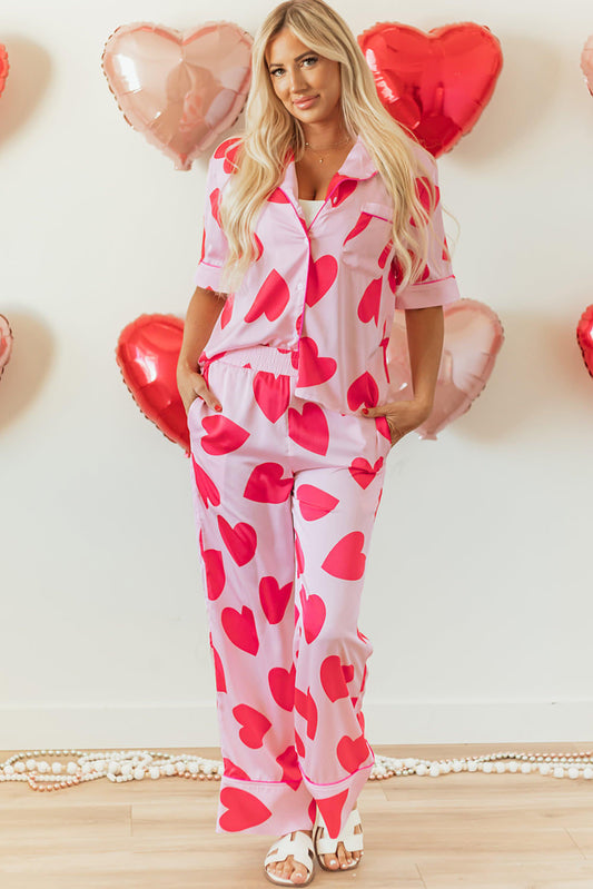 Pink Classic Heart Valentines Short Sleeve Pants Pyjamas Set