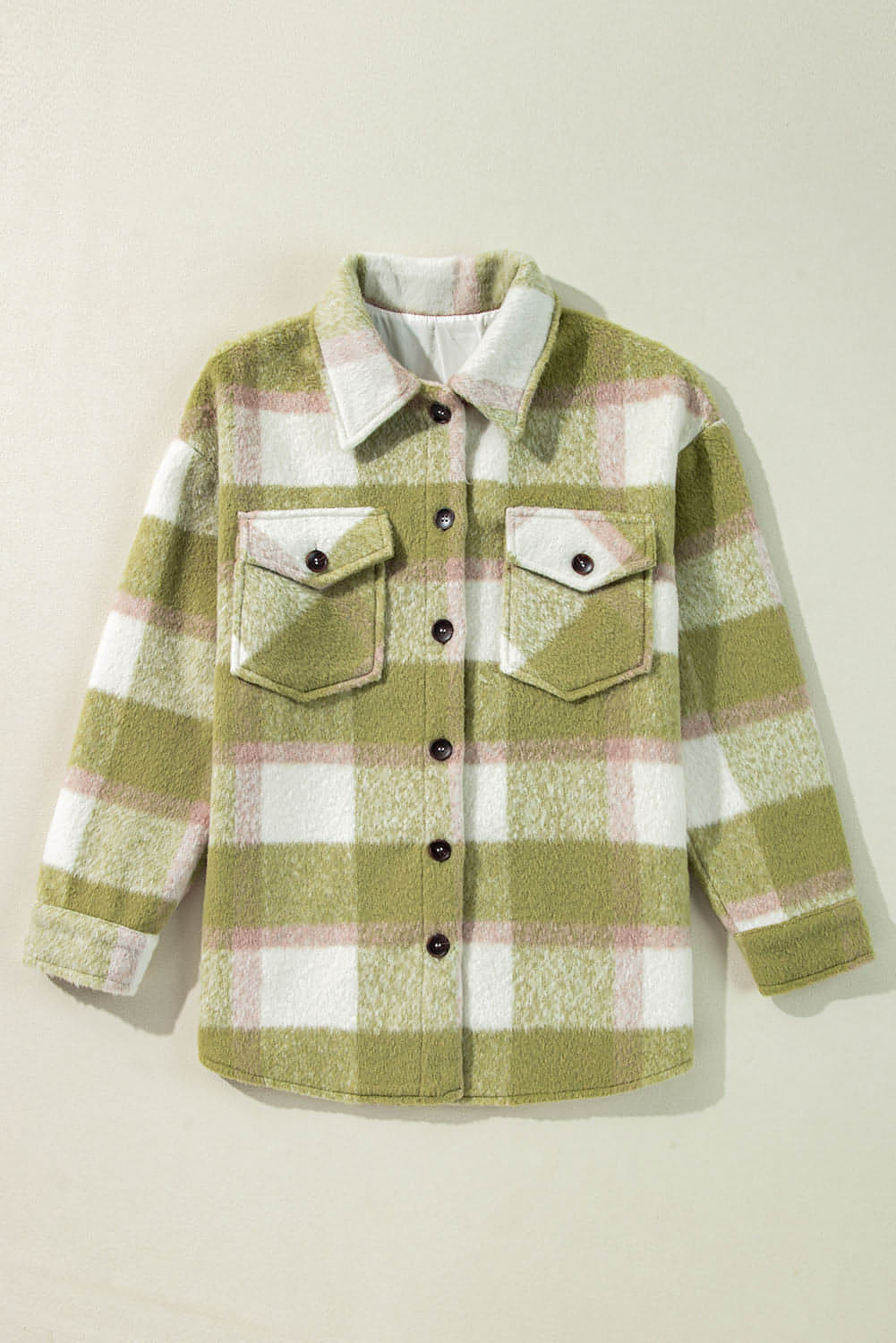 Sage Green Plaid Print Buttoned Flap Lommer Baggy Shacket