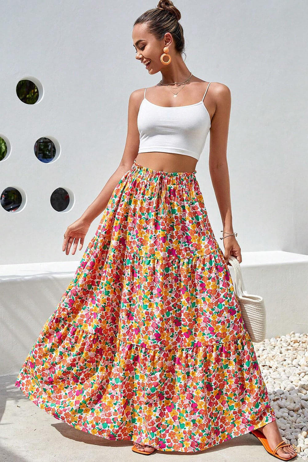 Gele Boho bloemenprint gelaagde lange rok