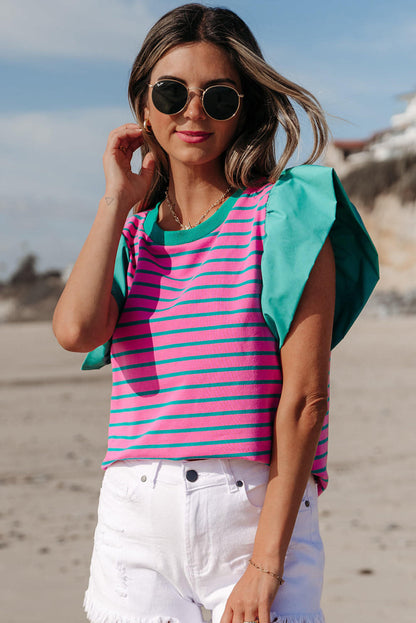 Pink Stripe Colorblock Ruffled Sleeve Crew Neck Blouse