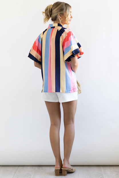 Multicolor Color Block Striped Puff Sleeve Buttoned Shirt