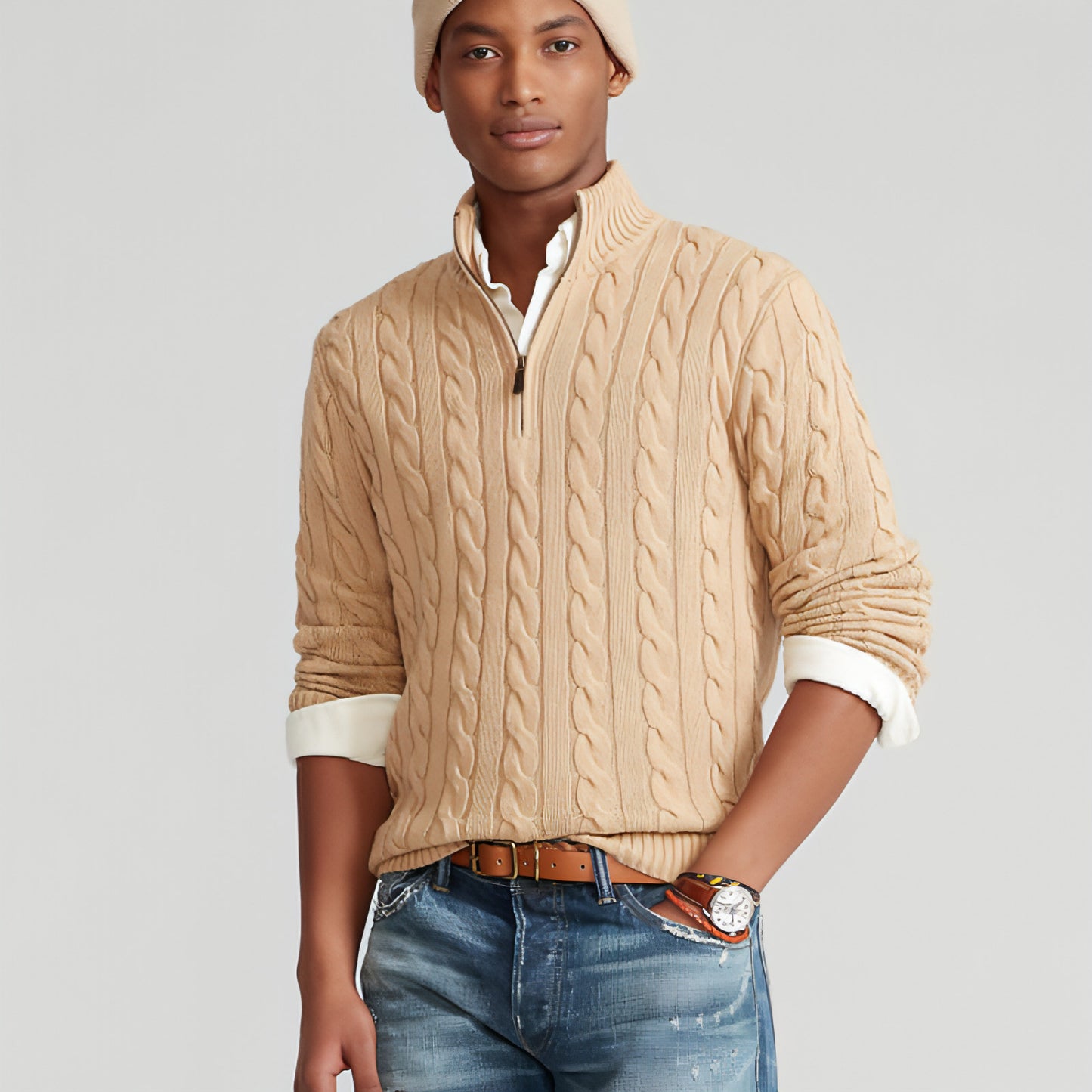 Men's Half-height Zip Twist Knit Bottoming Shirt