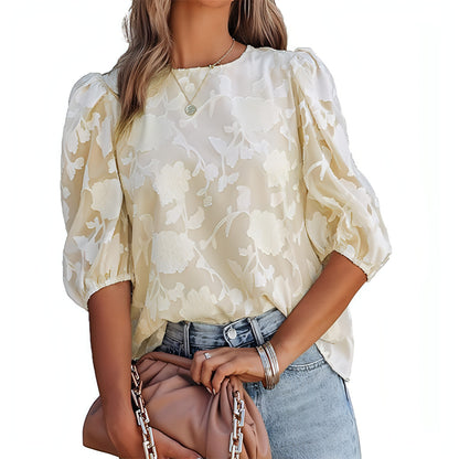 Women's Puff Sleeve Chiffon Loose Top Flower Texture T-Shirt