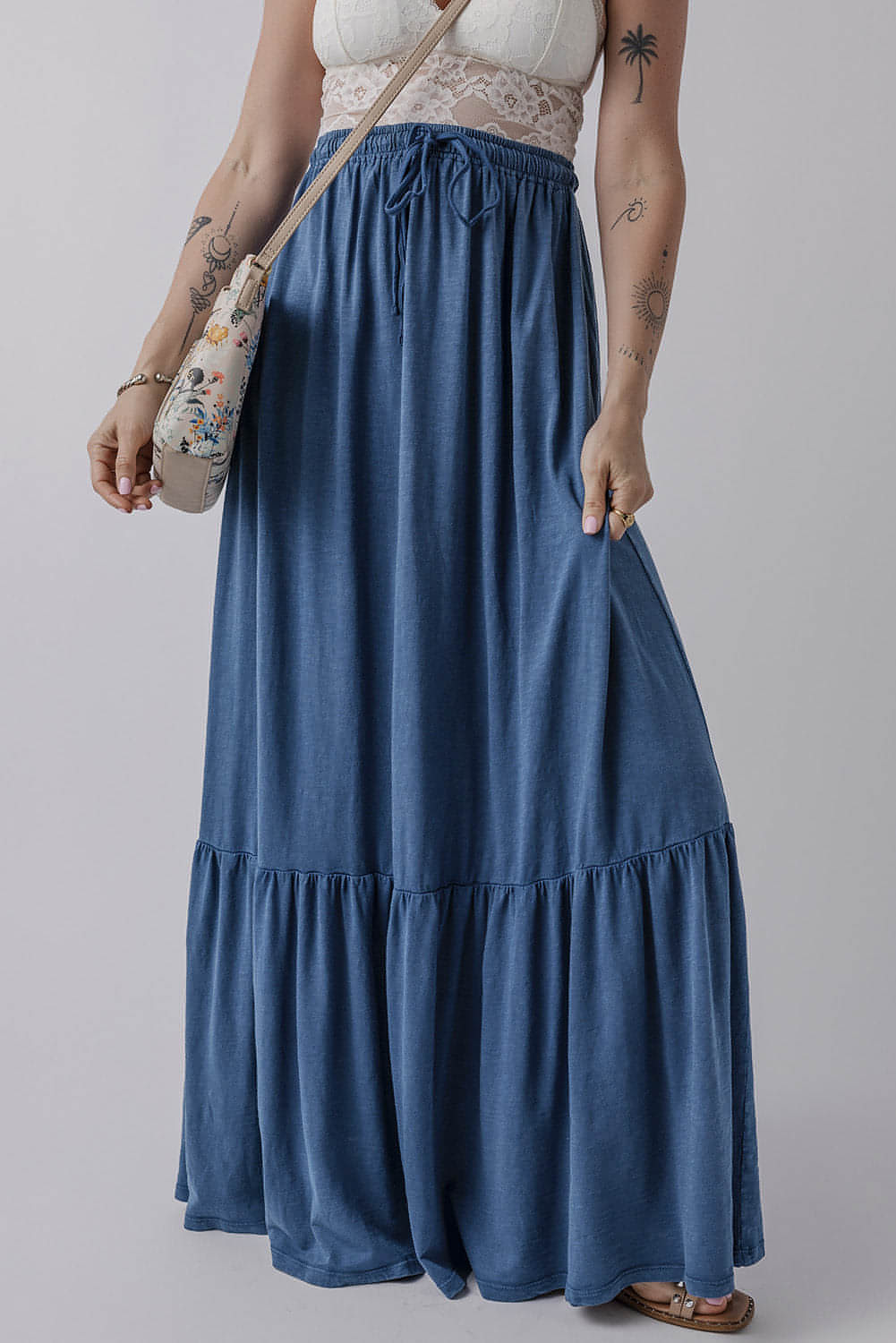 Zeil blauw vaste kleur veter omhoog hoge taille gelaagde maxi rok