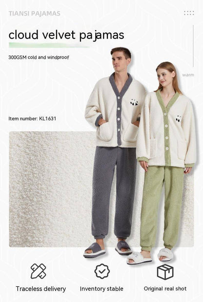 Couple Pajamas Women Winter Coral Fleece Thickened Casual Clothes Half Velvet Cartoon Panda Couple Pajamas Suit