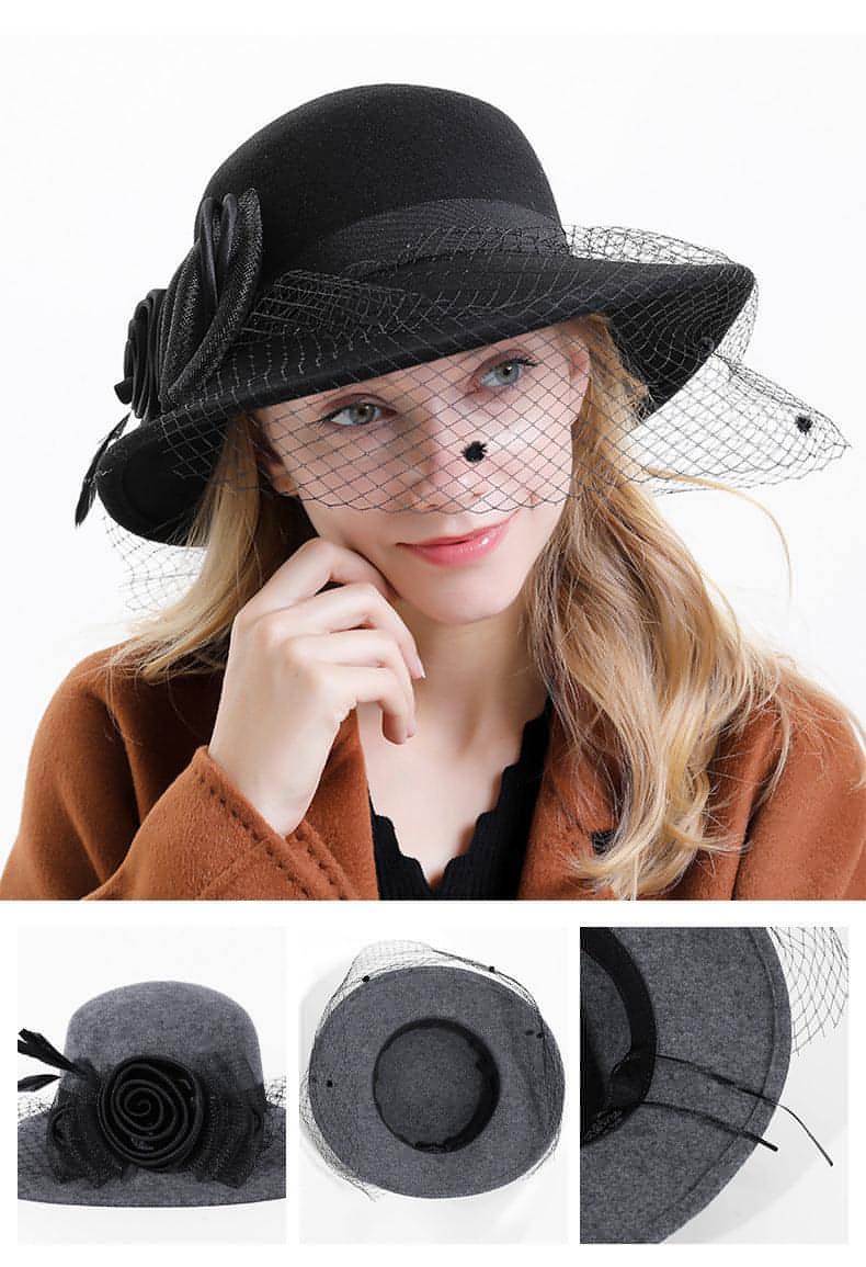 Pure Wool Ladies Banquet Lace Mesh Flower Big Brim Fisherman Hat