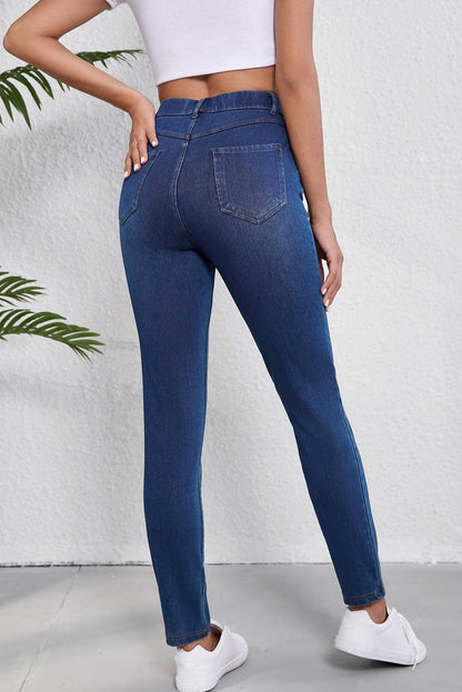 Ashleigh Blue Multiple Pockets Straight Leg Washed Stretchy Knit Casual Jeans