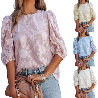 Women's Puff Sleeve Chiffon Loose Top Flower Texture T-Shirt