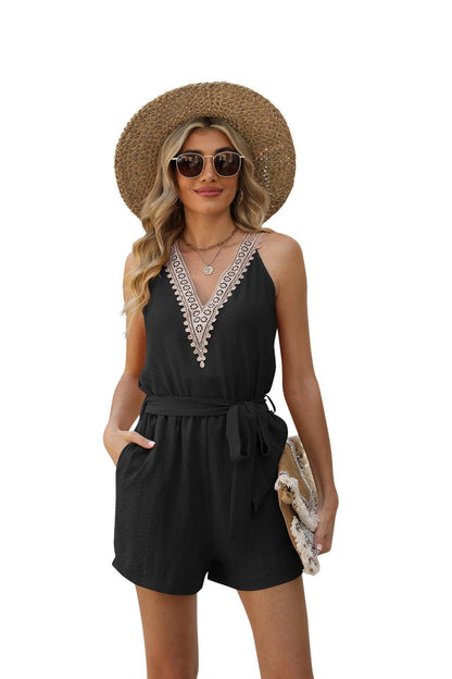 A.1 Casual Lace V-neck Sleeveless Belt Jumpsuit