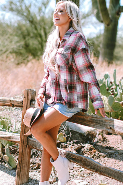 Pink Plaid Flap Pocket -knapp Up Shacket