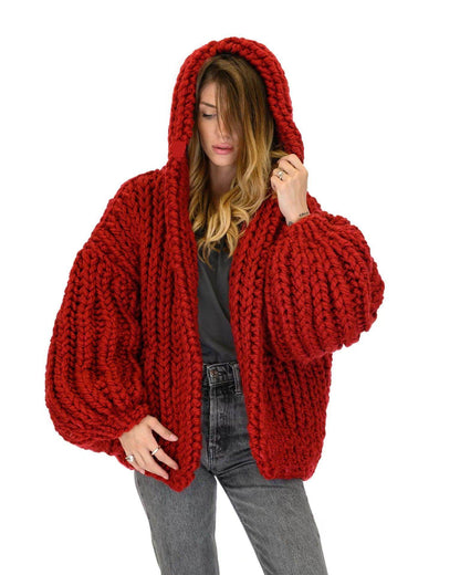 Loose And Hooded Cardigan Coat Handmade Knitting Needle Women's Knitted Sweater