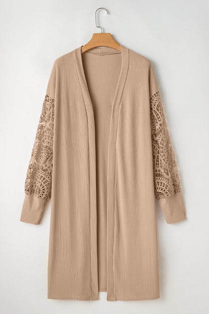 Parchment spets lapptäcke ribbed stickad öppen front duster cardigan