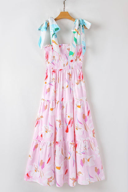 Rosa Floral Print Knotted Shoulder Smocked Maxi Dress