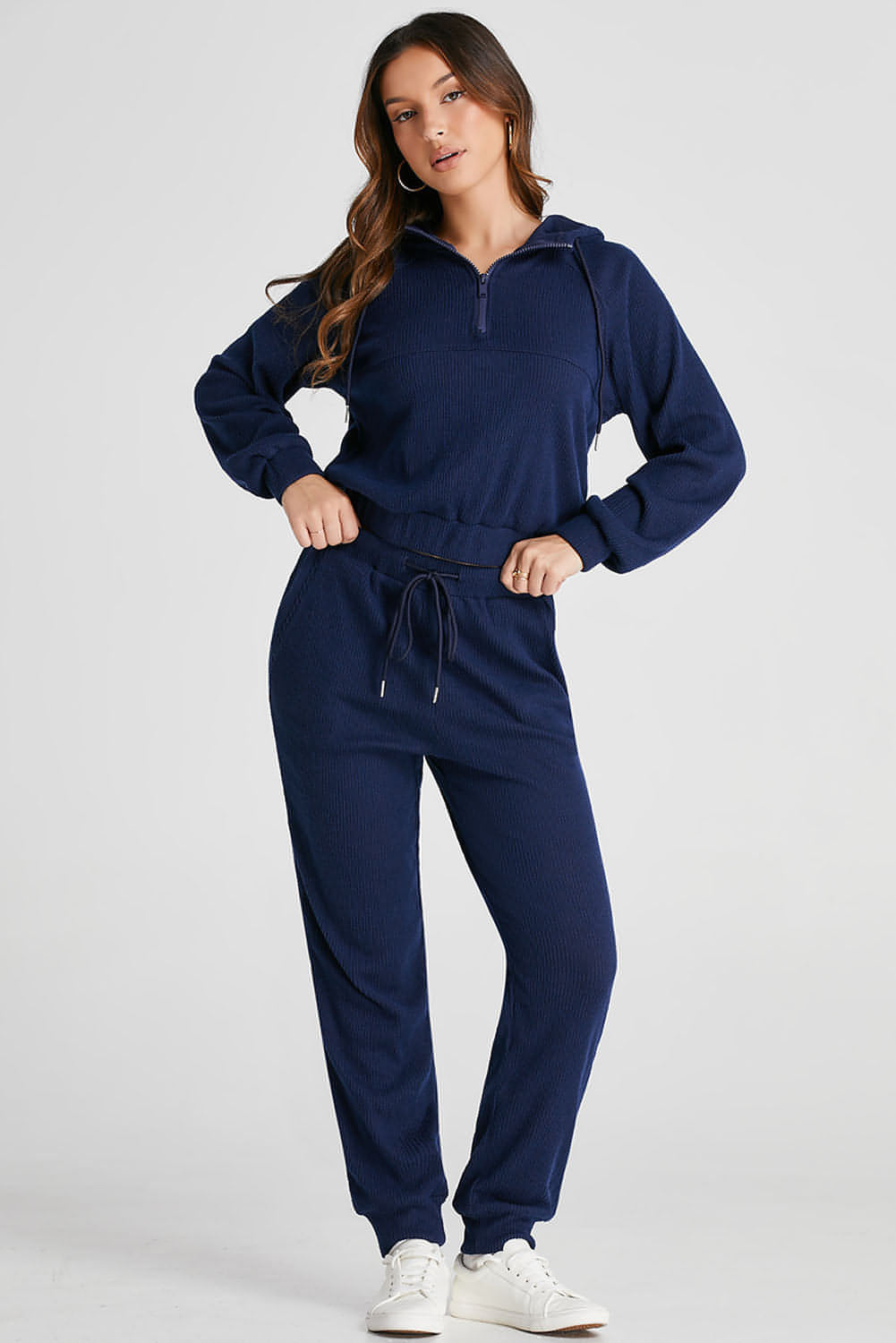 Marineblauwe geribbelde gebreide cropped hoodie en joggingbroek met trekkoord