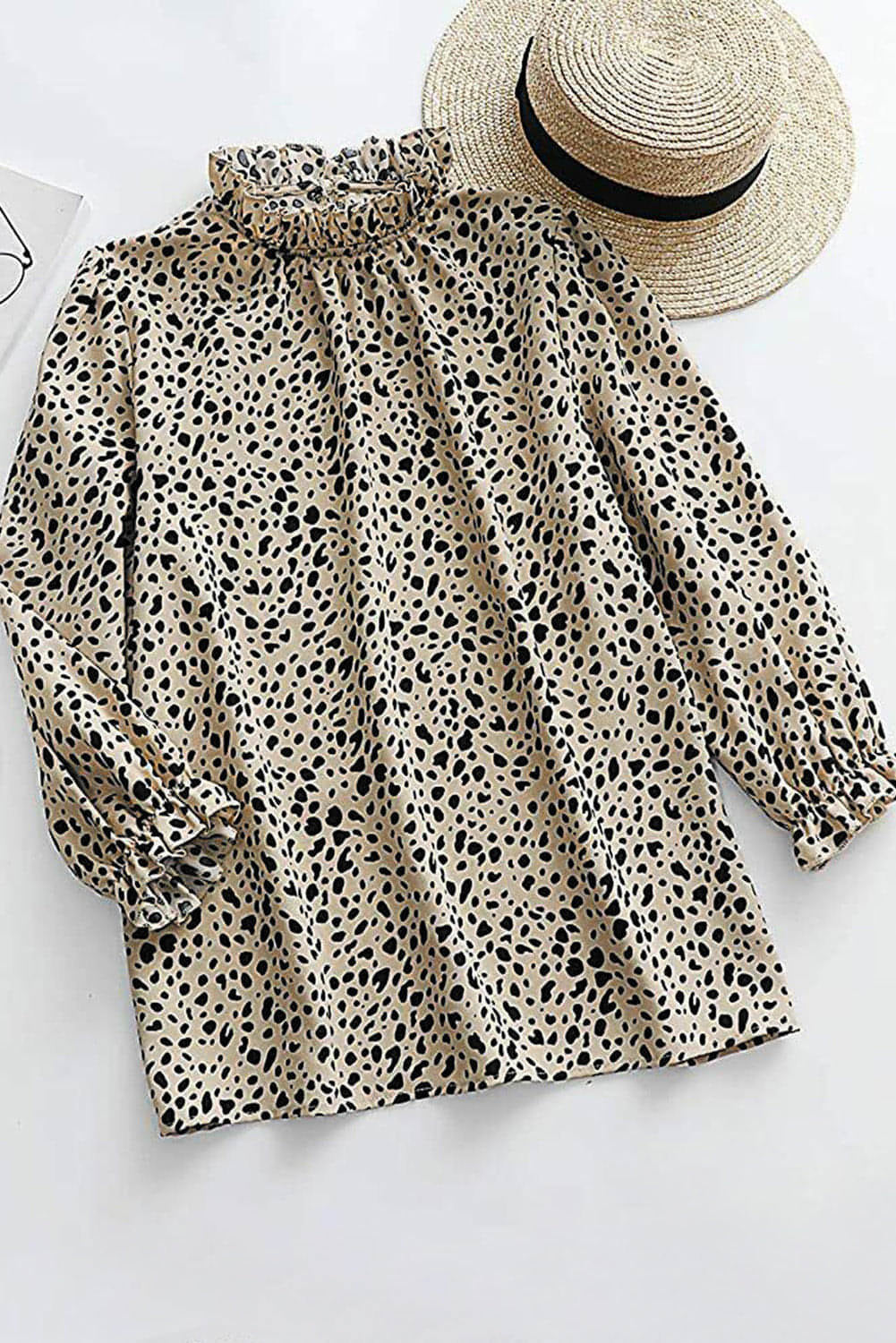 Khaki frillet nakke 3/4 ermer cheetah bluse