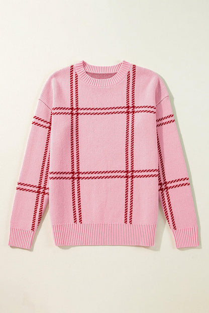 Pink Plaid Pattern Knitted Drop Shoulder Sweater