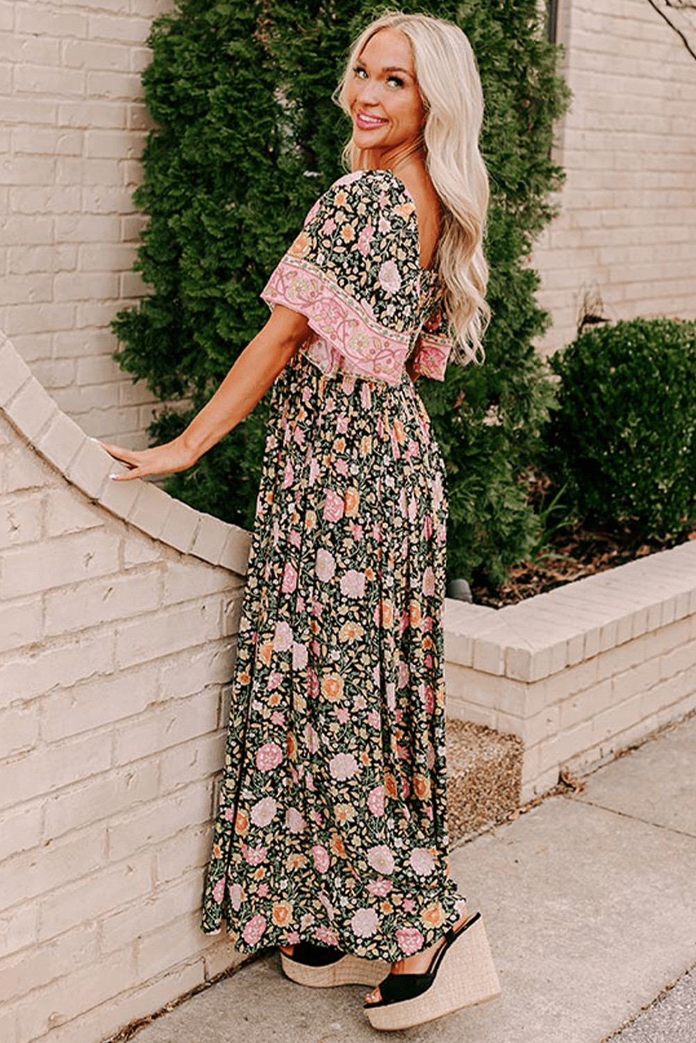 Zwarte Boho bloemen patchwork sexy maxi-jurk met V-hals en korte mouwen