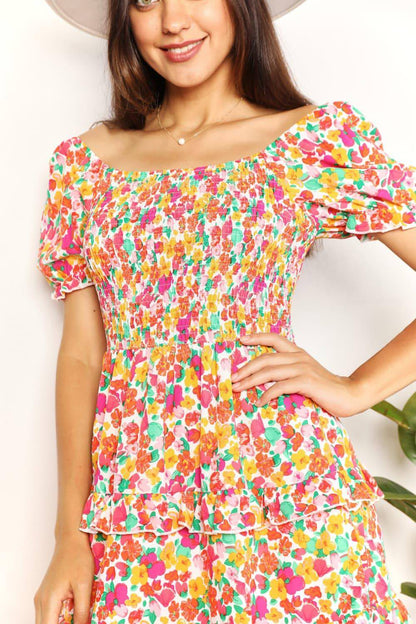 Devine Smocked Sweetheart Neck Founce Sleeve Mini Dress