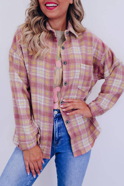 Roze plaid print borstzak met lange mouwen