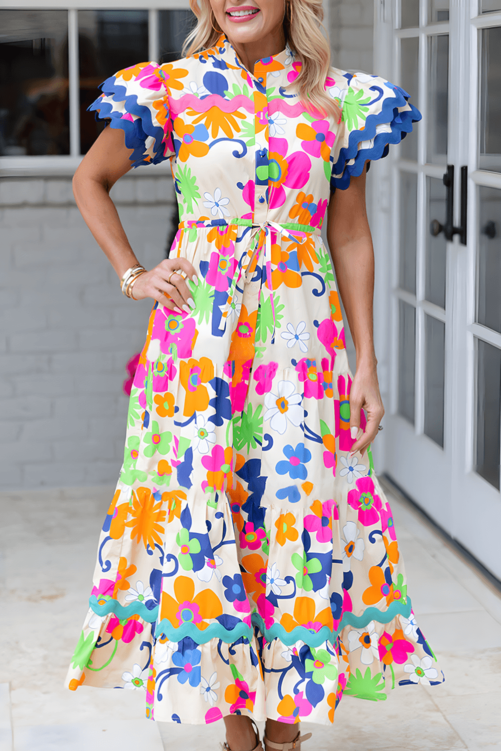 Pink Ricrac Trim Flutter Sleeve Buttoned Blumen Maxi Kleid