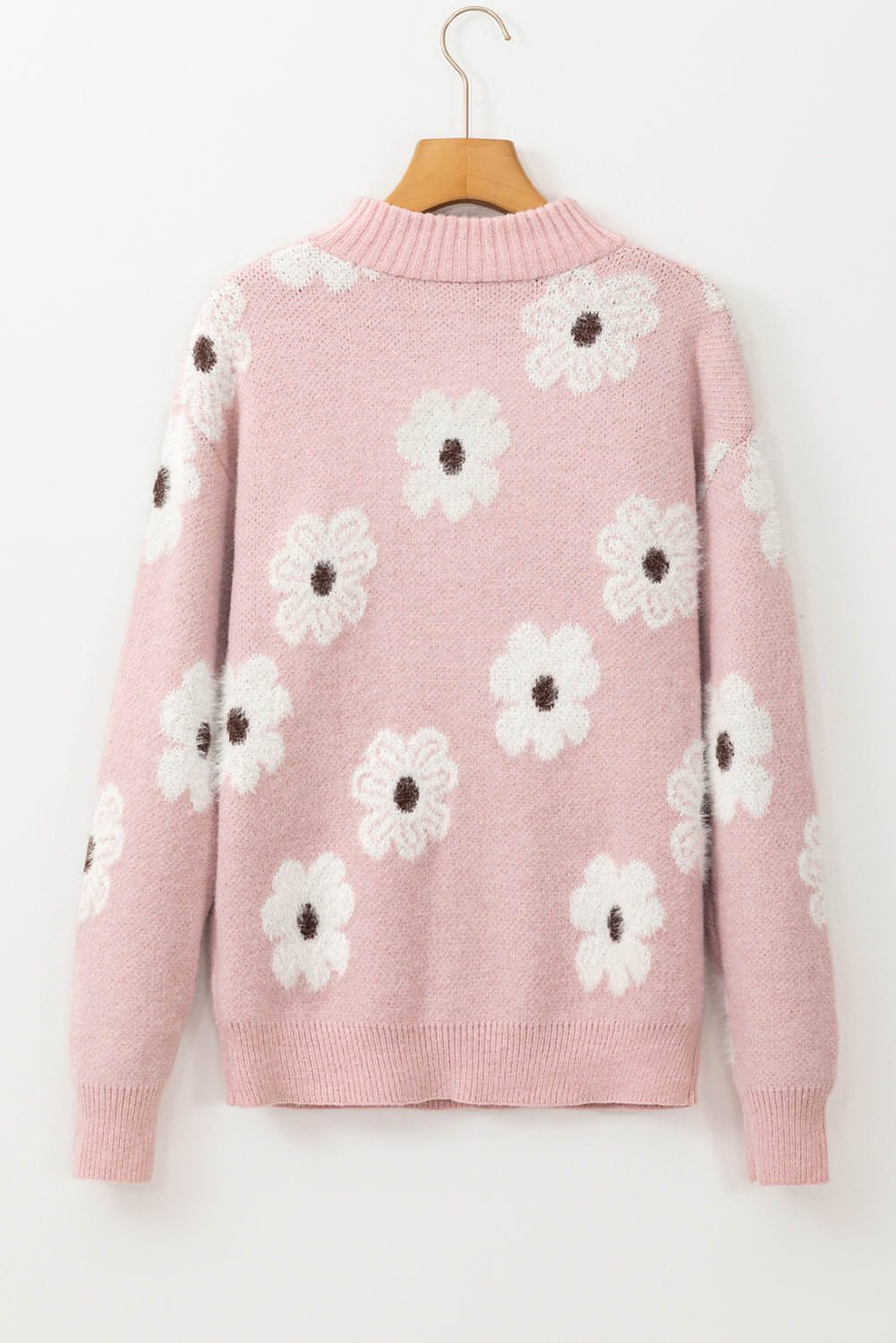 Rosa Pullover mit Blumenmuster und halbem Reißverschluss und überschnittener Schulter