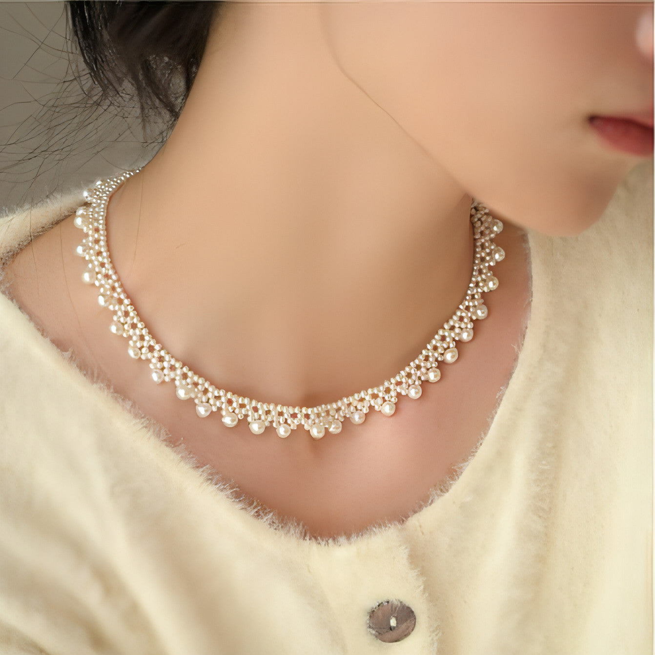 Vintage Pearl Choker with Gold Lace Accents