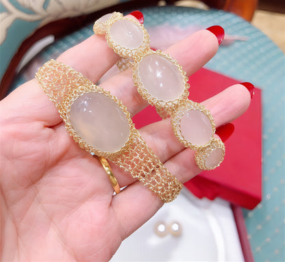 14k Gold Wire Natural White Chalcedony Bracelet