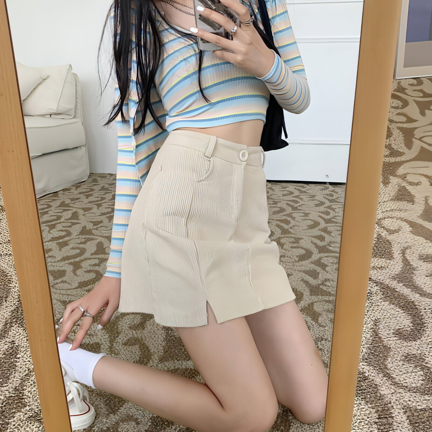 Ladies Retro Corduroy High Waist Slimming Short Skirt