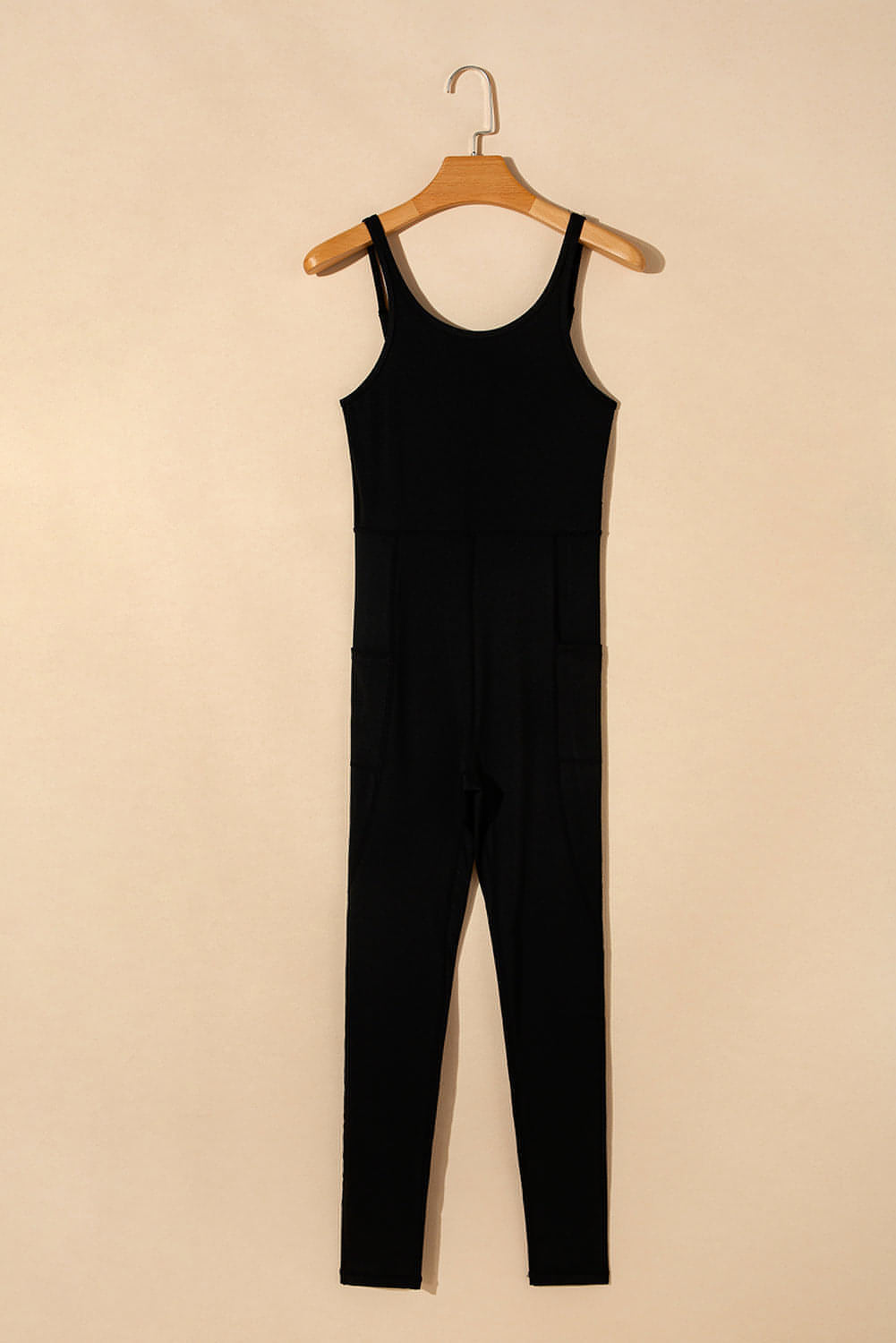 Black High Taille Backless Side Pockets Sports Jumpsuit