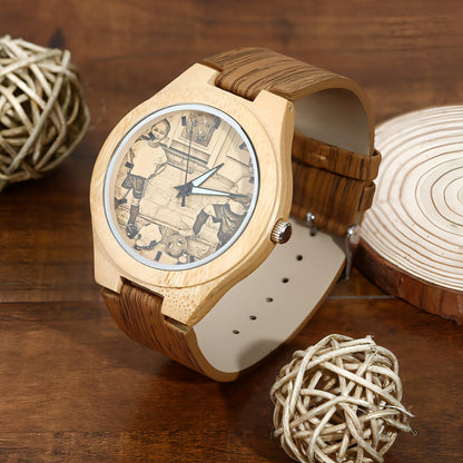 Engraved Bamboo Photo Watch Wooden Leather Strap 40mm