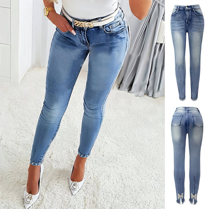 Damen Jeans Europäische und amerikanische trendige High Waist Beaded Skinny Tapered Pants