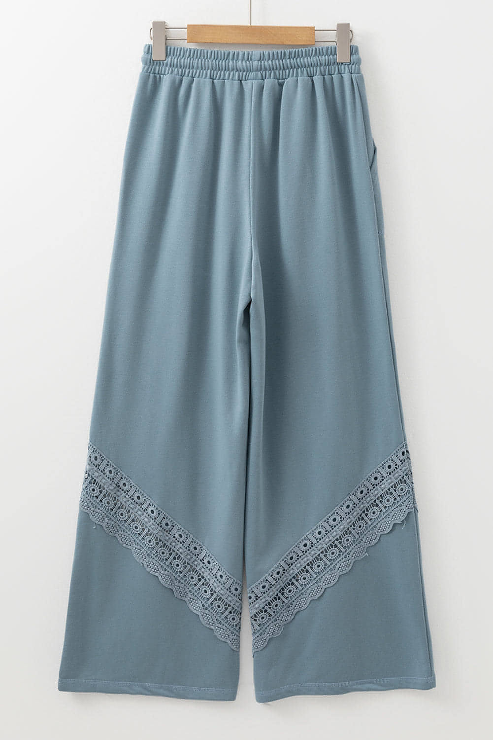 Dusk Blue Lace Crochet Patched Lace-up High Waist Wide Leg Pants