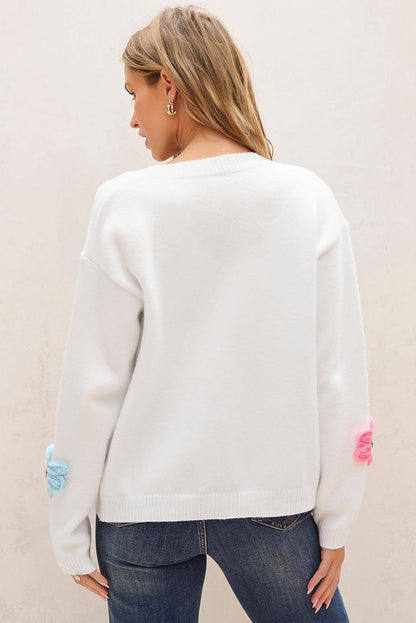 Cardigan abbottonato con motivo floreale lavorato a maglia bianco carino