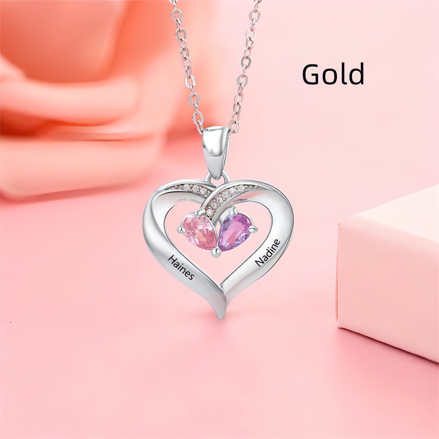 Personalized Heart-Shaped Gemstone Necklace – Custom Couple Pendant