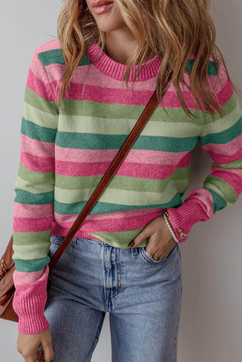 Green Color Block Ribbed Edge Round Neck Sweater