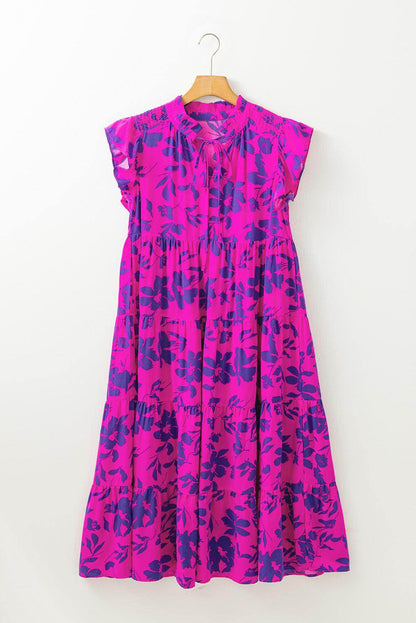 Rose Floral Printed Fruilled Frilled Trim Sleeve Maxi Dress