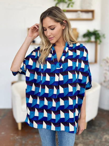 Double Take Full Size Geometric Notched Half Sleeve Blouse