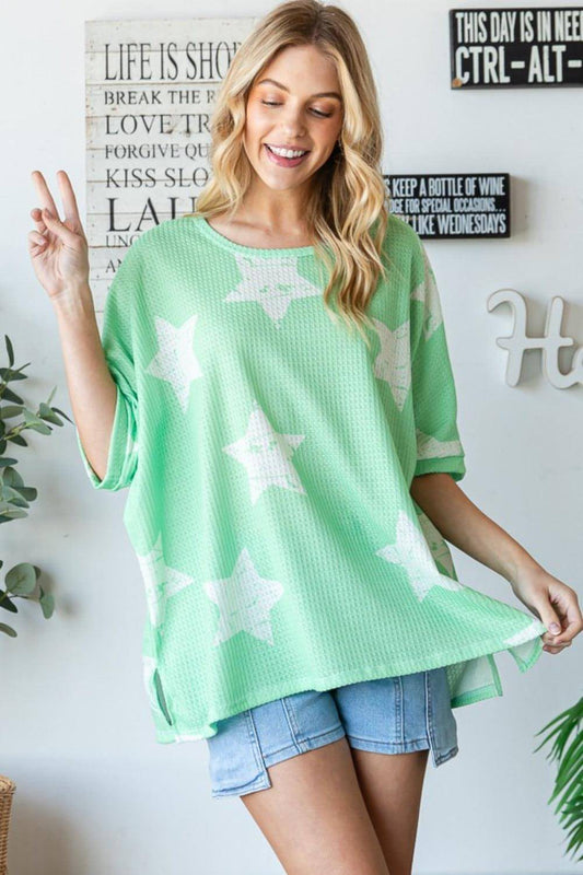 HOPELY Oversized T-Shirt mit Waffelmuster und Sternenmuster