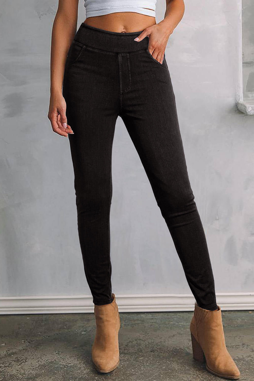 Jegging slim extensible taille haute de couleur unie noir