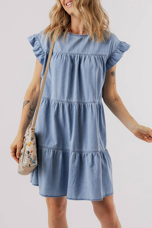 Beau Blue Ruffle Short Sleeve Tiered A-Line Denim Dress