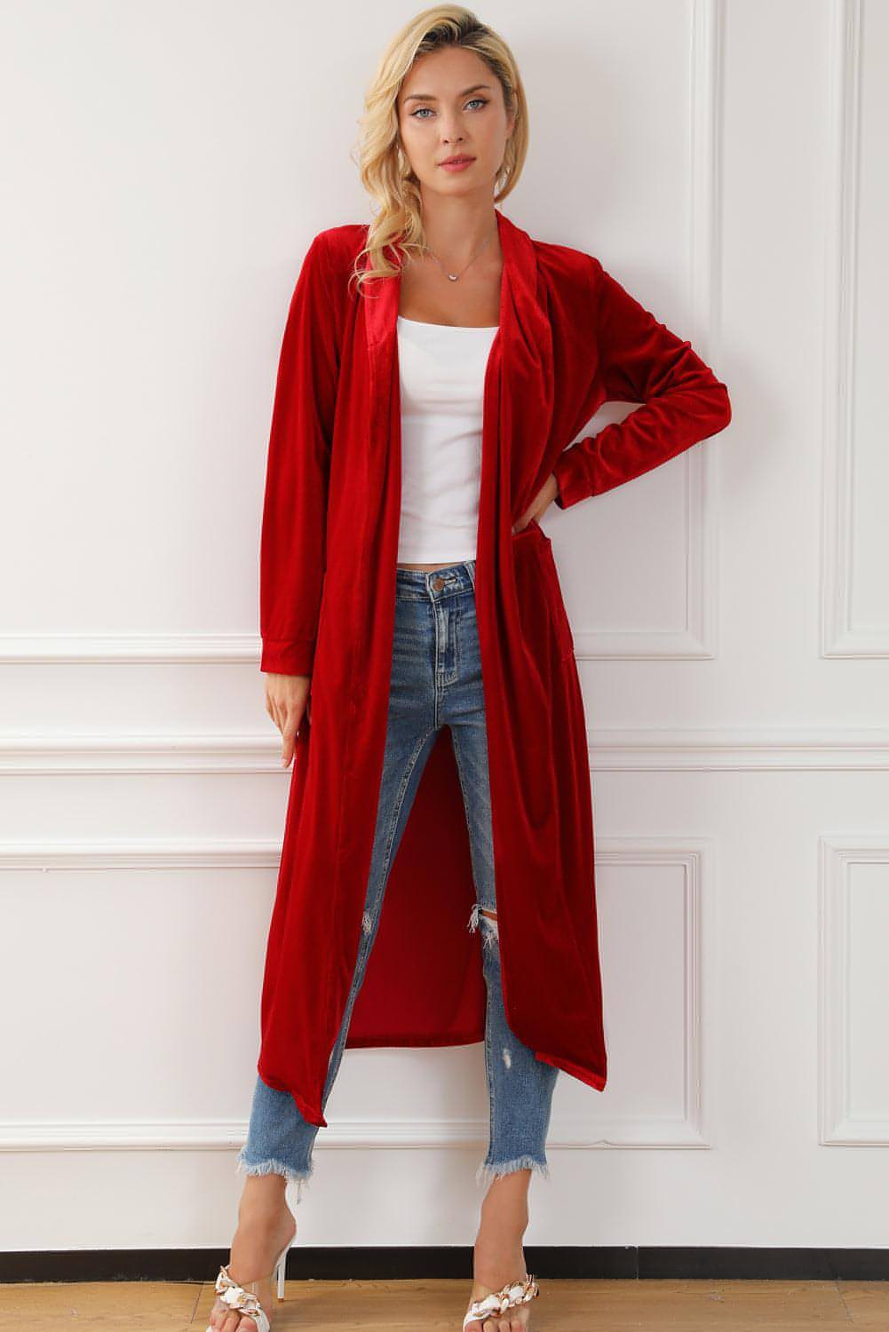 Fiery Red Velvet Open Front Pocketed Long Duster