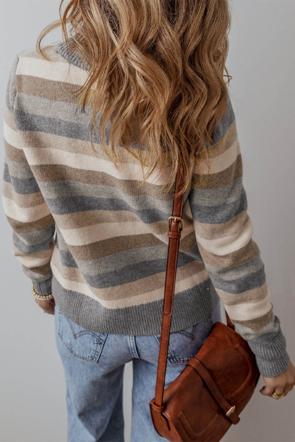 Gray Stripe Color Block Ribbed Edge Round Neck Sweater