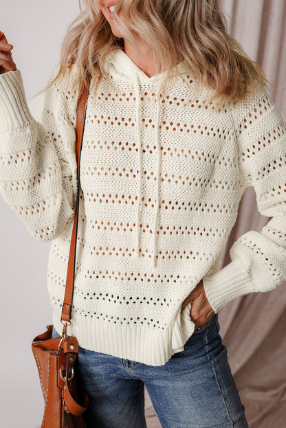 White Pointelle Knit Raglan Sleeve Hooded Sweater